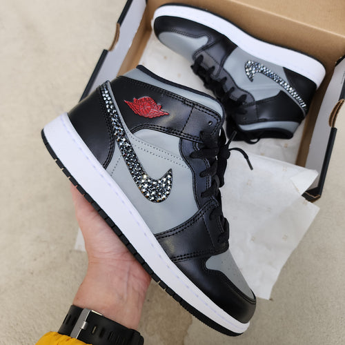 Jordan Women Mid (Black/Grey) With Inner and Outer Charcoal Crystals